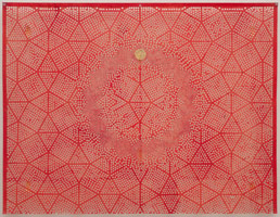 Tom Wudl / 
Homage to Buckminster Fuller, 1973 - 1975 / 
acrylic and gold leaf on paper punch / 
28 x 37 in (71.1 x 94 cm) / 
plexi case: 35 x 43 x 3 in (88.9 x 109.2 x 7.6 cm) 