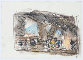 Leon Kossoff / 
From Goya: Making Shot in the Sierra de Tardienta, 1994 / 
charcoal, pastel and watercolor on paper / 
16 1/2 x 22 3/4 in. (42 x 58 cm)