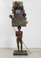 Alison Saar / Breach (large figure on raft), 2016 / wood, ceiling tin, found trunks, washtubs and misc objects / 148 x 51 x 40 in. (375.9 x 129.5 x 101.6 cm)