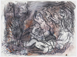 Leon Kossoff / 
From Rubens: The Brazen Serpent, 1995-1996 / 
compressed charcoal, watercolor, black and brown felt-tipped pen on paper / 
22 x 29 7/8 in. (56 x 75.8 cm)