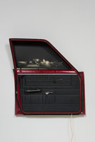 Edward Kienholz / 
Sawdy, 1971 / 
car door, mirrored window, automotive lacquer, polyester resin, screenprint, flourescent light, galvanized sheet metal / 39 1/2 x 36 x 7 in. (100.3 x 91.4 x 17.8 cm)