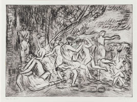 Leon Kossoff / 
From Poussin: A Bacchanalian Revel before a Herm - For Euan, 2000 / 
drypoint & etching / 
16 x 22 1/2 in. (40.8 x 57 cm)