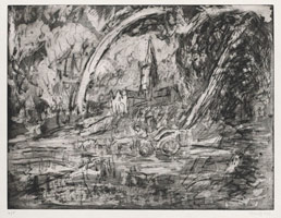 Leon Kossoff / 
From Constable: Salisbury Cathedral from the Meadows, 1997 / 
softground etching and aquatint / 
16 3/4 x 21 5/8 in. (42.7 x 55 cm)