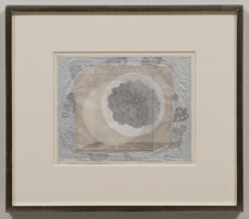 Tom Wudl / 
Moon of Liberation, 2013 / 
pencil, metallic leaf, and gouache on vellum with collage / 
8 x 10 in. (20.3 x 25.4 cm) / 
framed: 15 1/4 x 17 1/2 in. (38.7 x 44.5 cm)