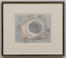 Tom Wudl / 
Moon of Liberation, 2013 / 
pencil, metallic leaf, and gouache on vellum with collage / 
8 x 10 in. (20.3 x 25.4 cm) / 
framed: 15 1/4 x 17 1/2 in. (38.7 x 44.5 cm)