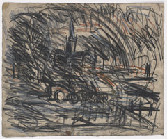 Leon Kossoff / 
From Constable: Salisbury Cathedral from the Meadows / 
pastel on paper / 
18 x 22 1/4 in. (46 x 56.5 cm)