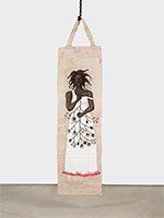 Alison Saar / 
Uproot, 2022 / 
charcoal and acrylic on vintage patched cotton picking bag, found hooks and chain / 
106 x 27 1/2 in. (269.2 x 69.9 cm)