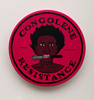 Alison Saar / 
Congolene Resistance, 2021 / 
screen print and acrylic spray paint on an aluminum pan / 
18 1/2 x 18 1/2 x 2 in. (47 x 47 x 5.1 cm) / 
Edition 8 of 30