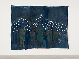 Alison Saar / 
High Cotton (study), 2017 / 
Painting on found fabric (acrylics on indigo dyed seed sacks, vintage linens and denim) / 
84 x 102 in. (213.4 x 259.1 cm)