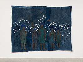 Alison Saar / 
High Cotton (study), 2017 / 
Painting on found fabric (acrylics on indigo dyed seed sacks, vintage linens and denim) / 
84 x 102 in. (213.4 x 259.1 cm)