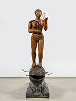 Alison Saar / 
Mutiny of the Sable Venus, 2022 / 
wood, copper, ceiling tin, shell, and found metal shapes and sickle / 
89 x 24 x 57 in. (226.1 x 61 x 144.8 cm)