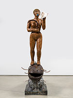 Alison Saar / 
Mutiny of the Sable Venus, 2022 / 
wood, copper, ceiling tin, shell, and found metal shapes and sickle / 
89 x 24 x 57 in. (226.1 x 61 x 144.8 cm)