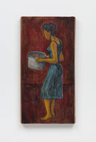 Alison Saar / 
Sorrow's Kitchen (painting), 2019 / 
acrylics on found wood and linen trunk drawer / 
32 x 16 x 2 1/2 in. (81.3 x 40.6 x 6.4 cm)