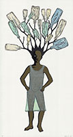 Alison Saar / 
Li'l Big Sister, 2024 / 
Woodcut, linoleum cut, dye, shellac, and collage on Kozo and Rives BFK / 
53 3/4 x 29 in. (136.5 x 73.7 cm) / 
Framed: 56 7/8 x 32 1/8 in. (144.5 x 81.6 cm) / 
Edition 6 of 12