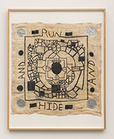 Arthur Simms / 
Run and Hide, 1999 / 
graphite, glue, thread, wire, aluminum foil, linen / 
40 x 33 x 1 3/4 in. (101.6 x 83.8 x 4.4 cm)