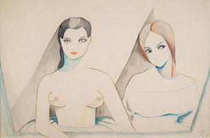 Beatrice Wood / 
Actresses, 1928 / 
watercolor and ink on paper / 
Sheet: 11 1/2 x 14 1/2 in. (29.2 x 36.8 cm) / 
Framed: 13 3/4 x 17 1/4 in. (34.9 x 43.8 cm)