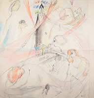 Beatrice Wood / 
Mères, 1917 / 
watercolor and pencil on paper / 
Sheet: 12 1/2 x 12 in. (31.8 x 30.5 cm) / 
Framed: 19 3/8 x 18 7/8 in. (49.2 x 47.9 cm)