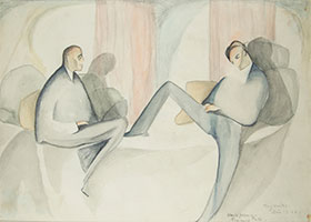 Beatrice Wood / 
Playwrights, 1926 / 
watercolor and pencil on paper / 
Sheet: 9 1/2 x 14 in. (24.1 x 35.6 cm) / 
Framed: 16 5/8 x 20 3/4 in. (42.2 x 52.7 cm)