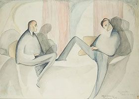 Beatrice Wood / 
Playwrights, 1926 / 
watercolor and pencil on paper / 
Sheet: 9 1/2 x 14 in. (24.1 x 35.6 cm) / 
Framed: 16 5/8 x 20 3/4 in. (42.2 x 52.7 cm)