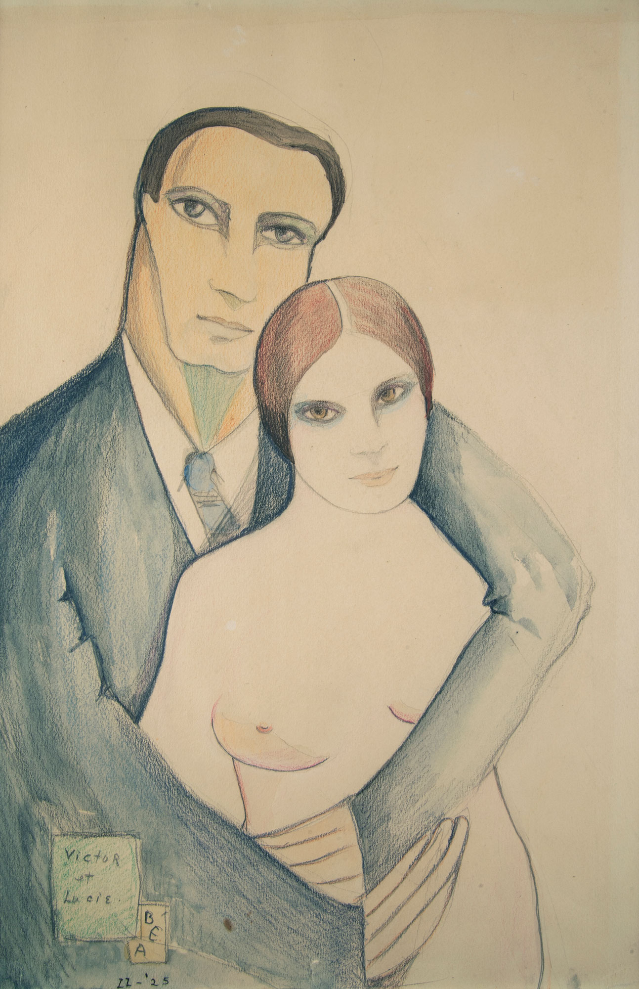 Beatrice Wood / 
Victor et Lucie, 1925 / 
pencil and colored pencil on paper / 
Sheet: 14 1/2 x 9 1/2 in. (36.8 x 24.1 cm) / 
Framed: 22 x 17 in. (55.9 x 43.2 cm)