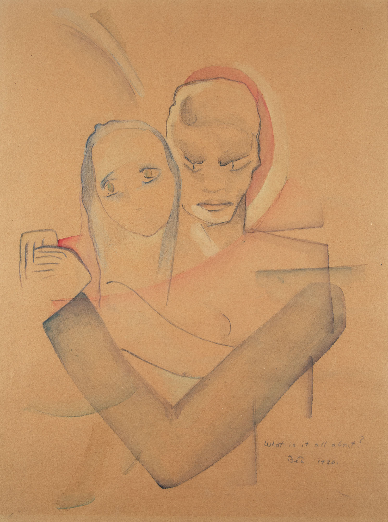 Beatrice Wood / 
What is it all about?, 1930 / 
watercolor and pencil on paper / 
Sheet: 11 3/4 x 8 3/4 in. (29.9 x 22.2 cm) / 
Framed: 18 1/2 x 15 5/8 in. (47 x 39.7 cm)