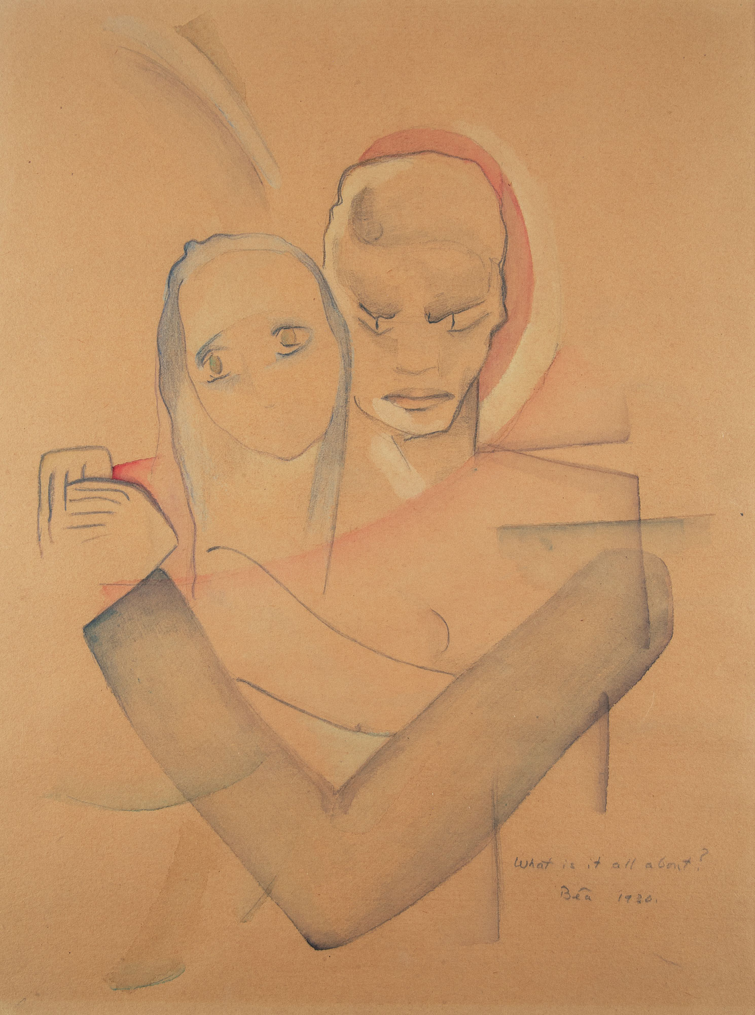 Beatrice Wood / 
What is it all about?, 1930 / 
watercolor and pencil on paper / 
Sheet: 11 3/4 x 8 3/4 in. (29.9 x 22.2 cm) / 
Framed: 18 1/2 x 15 5/8 in. (47 x 39.7 cm)