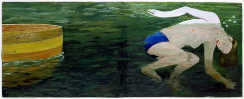 Charles Garabedian /      
Channel Swimmer, 2006  /     
acrylic on paper  /     
Paper: 48 x 121 1/4 in. (121.9 x 308 cm)  /     
Framed: 52 1/2 x 126 in. (133.4 x 320 cm)
  