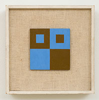 Frederick Hammersley / 
Clinch, #10 1963 / 
oil on masonite in artist-made frame / 
Panel: 4 x 3 7/8 in. (10.2 x 9.8 cm) / 
Framed: 8 1/2 x 8 1/2 in. (21.6 x 21.6 cm)