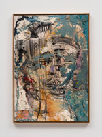 Daniel Crews-Chubb / 
Mask (Trance), 2020 / 
oil, oil pastel, acrylic, ink, charcoal, spray paint, coarse pumice gel and collaged fabrics on canvas / 
Canvas: 39 3/8 x 27 1/2 in. (100 x 70 cm) / 
Framed Dimensions: 41 x 29 1/4 in. (104 x 74 cm)