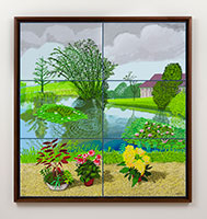 David Hockney / 
10th - 22nd June 2021, Water Lilies in the Pond with Pots of Flowers, 2021 / 
Six iPad paintings comprising a single work, printed on two sheets of paper, mounted on Dibond / 
Image: 82 1/2 x 78 1/2 in. (209.6 x 199.4 cm) / 
Framed: 86 1/2 x 82 1/2 in. (219.7 x 209.6 cm) / 
Edition 14 of 25