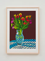 David Hockney / 
24th February 2021, Red, Yellow, and Purple Flowers on a Blue Tablecloth, 2021 / 
iPad painting printed on paper / 
Image: 30 x 21 in. (76.2 x 53.3 cm) / 
Sheet: 35 x 25 in. (88.9 x 63.5 cm) / 
Framed: 36 3/4 x 26 3/4 in. (93.3 x 67.9 cm) / 
Edition 14 of 50