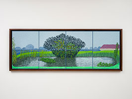 David Hockney / 
25th July - 7th August 2021, Rain on the Pond, 2021 / 
Eight iPad paintings comprising a single work, printed on paper, mounted on Dibond / 
Image: 39 1/4 x 111 in. (99.7 x 281.9 cm) / 
Framed: 43 1/4 x 115 in. (109.9 x 292.1 cm) / 
Edition 14 of 25