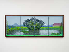 David Hockney / 
25th July - 7th August 2021, Rain on the Pond, 2021 / 
Eight iPad paintings comprising a single work, printed on paper, mounted on Dibond / 
Image: 39 1/4 x 111 in. (99.7 x 281.9 cm) / 
Framed: 43 1/4 x 115 in. (109.9 x 292.1 cm) / 
Edition 14 of 25