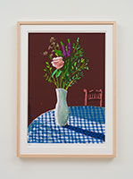 David Hockney / 
4th February 2021, Flowers in a White Vase with Chair, 2021 / 
iPad painting printed on paper / 
Image: 30 x 21 in. (76.2 x 53.3 cm) / 
Sheet: 35 x 25 in. (88.9 x 63.5 cm) / 
Framed: 36 3/4 x 26 3/4 in. (93.3 x 67.9 cm) / 
Edition 14 of 50