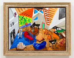 David Hockney / 
Small Interior, Los Angeles, 1988 / 
oil on canvas / 
36 x 48 in. (91.4 x 121.9 cm) (framed) / 
Private collection