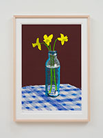David Hockney / 
7th April 2021, Three Daffodils in a Bottle, 2021 / 
iPad painting printed on paper / 
Image: 30 x 21 in. (76.2 x 53.3 cm) / 
Sheet: 35 x 25 in. (88.9 x 63.5 cm) / 
Framed: 36 3/4 x 26 3/4 in. (93.3 x 67.9 cm) / 
Edition 14 of 50