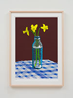 David Hockney / 
7th April 2021, Three Daffodils in a Bottle, 2021 / 
iPad painting printed on paper / 
Image: 30 x 21 in. (76.2 x 53.3 cm) / 
Sheet: 35 x 25 in. (88.9 x 63.5 cm) / 
Framed: 36 3/4 x 26 3/4 in. (93.3 x 67.9 cm) / 
Edition 14 of 50