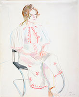 David Hockney / 
Celia in Red and White Dress, 1972 / 
Colored pencil on paper / 
17 x 14 in (43.2 x 35.5 cm) / 
Roy B. and Edith J. Simpson Collection / 
© David Hockney