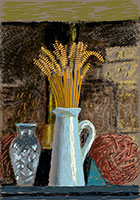 David Hockney / 
Glass Vase, Jug and Wheat, 2020 / 
iPad drawing printed on paper / 
Sheet: 35 x 25 in. (88.9 x 63.5 cm) / 
Image: 30 x 21 in. (76.2 x 53.3 cm) / 
Edition 22 of 35