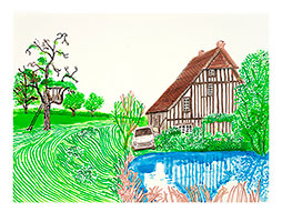 David Hockney / 
In Front of House Looking East, 2019 / 
inkjet print on paper / 
Sheet: 34 x 43 in. (86.4 x 109.2 cm) / 
Image: 29 x 39 in. (73.7 x 99.1 cm) / 
Edition 22 of 35 / 
© David Hockney / Photo Credit: Jonathan Wilkinson / 
Collection of Jordan Schnitzer Family Foundation