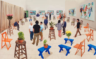 David Hockney / 
4 Blue Stools, 2014 / 
Photographic drawing printed on paper, mounted on Dibond / 
42 1/2 x 69 1/2 in. (108 x 176.5 cm) Edition of 25