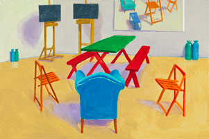 David Hockney / 
Studio Interior #3, 2014  / 
Acrylic on canvas / 
48 x 72 in. (121.9 x 182.9 cm) / 
Private collection