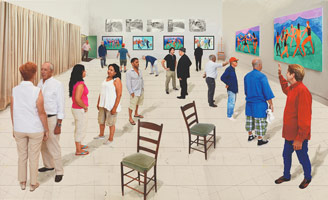 David Hockney / 
Two Chairs with People, 2014 / 
 Photographic drawing printed on paper, mounted on Dibond / 
42 1/2 x 69 1/2 in. (108 x 176.5 cm) / 
Edition of 25