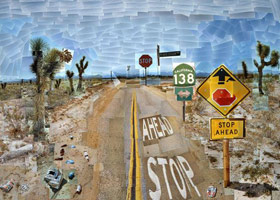 David Hockney / 
Pearblossom Hwy 11-18th April 1986 (First Version), 1986 / 
photographic collage / 
47 x 64 1/2 in (119.38 x 163.83 cm)