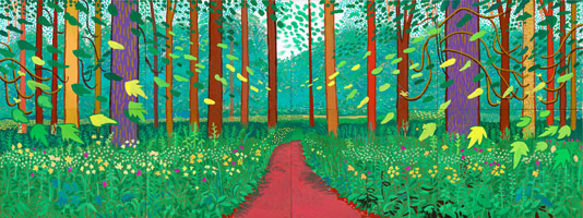 David Hockney  / 
Untitled No. 2 (The Arrival of Spring), 2011 / 
oil on canvas / 
Overall: 72 x 192 in. (182.9 x 487.7 cm) / 
8 Canvases, each: 36 x 48 in. (91.4 x 121.9 cm) / 
Private collection