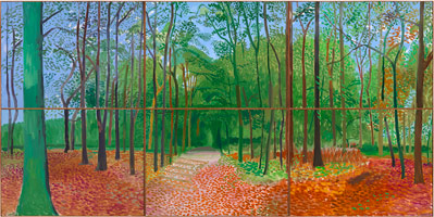David Hockney  / 
Woldgate Woods, 24, 25 and 26 October, 2006  / 
oil on 6 canvases  / 
Each: 36 x 48 in. (91.4 x 121.9 cm)  / 
Overall: 72 x 144 in. (182.9 x 365.8 cm) / 
Private collection
