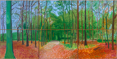 David Hockney  / 
Woldgate Woods, 24, 25 and 26 October, 2006  / 
oil on 6 canvases  / 
Each: 36 x 48 in. (91.4 x 121.9 cm)  / 
Overall: 72 x 144 in. (182.9 x 365.8 cm) / 
Private collection