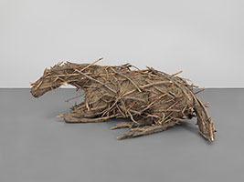 Deborah Butterfield / 
Resting Horse, 1977 / 
Steel, wire, twigs, clay, paper pulp, dextrin, plaster, and fiberglass / 
34 11/16 × 100 7/8 × 54 ¾ in. / 
© 2025 Deborah Butterfield / 
Licensed by VAGA at Artists Rights Society (ARS), NY / 
Photograph courtesy of the Whitney Museum of American Art / 
Lender: Whitney Museum of American Art, New York, gift of Mrs. Frances Allen