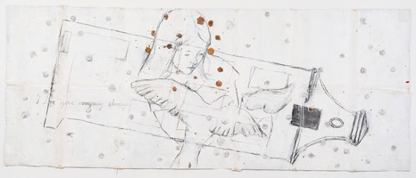 Enrique Martínez Celaya  / 
The Mediation, 2015 / 
chip board, canvas, charcoal / 
79 x 194 in. (200.7 x 492.8 cm)