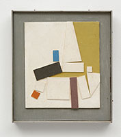 Frederick Hammersley / 
Small clatter, 1964 / 
painted construction in artist-made frame / 
Panel: 6 1/8 x 5 1/4 in. (15.6 x 13.3 cm) / 
Framed: 8 x 7 in. (20.3 x 17.8 cm)